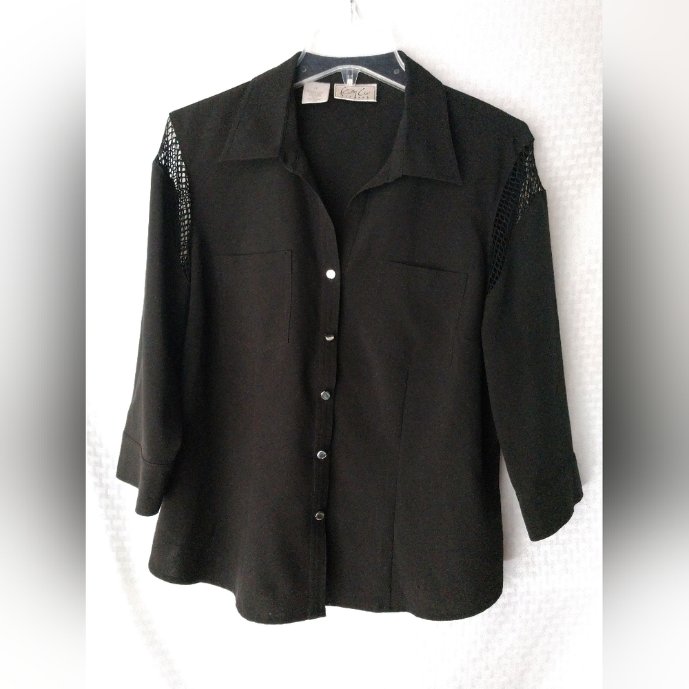 Kathy Che Stretch Black Shirt Top Netting Detail Size 16 Chest 42"